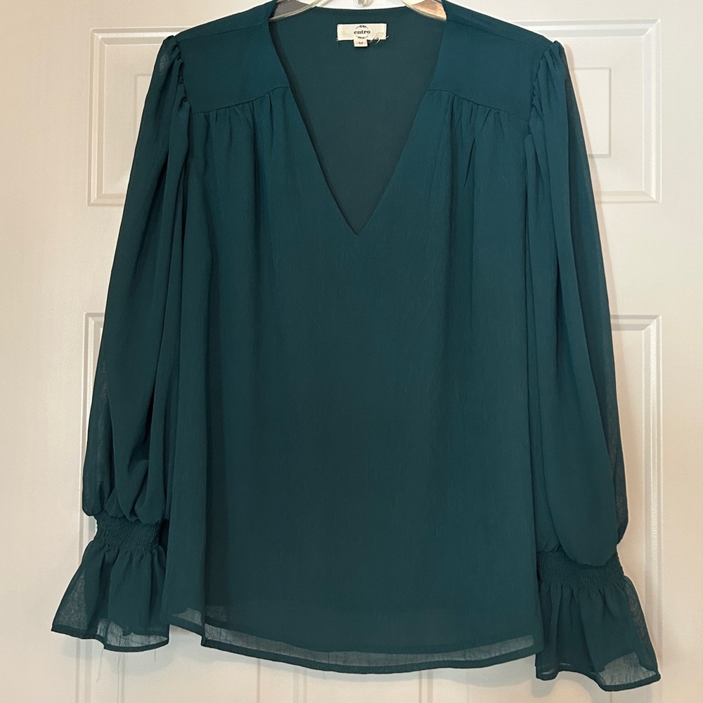 Entro V-Neck Ruffle Top M Green Sheer Sleeve Career Lined Feminine Minimalist